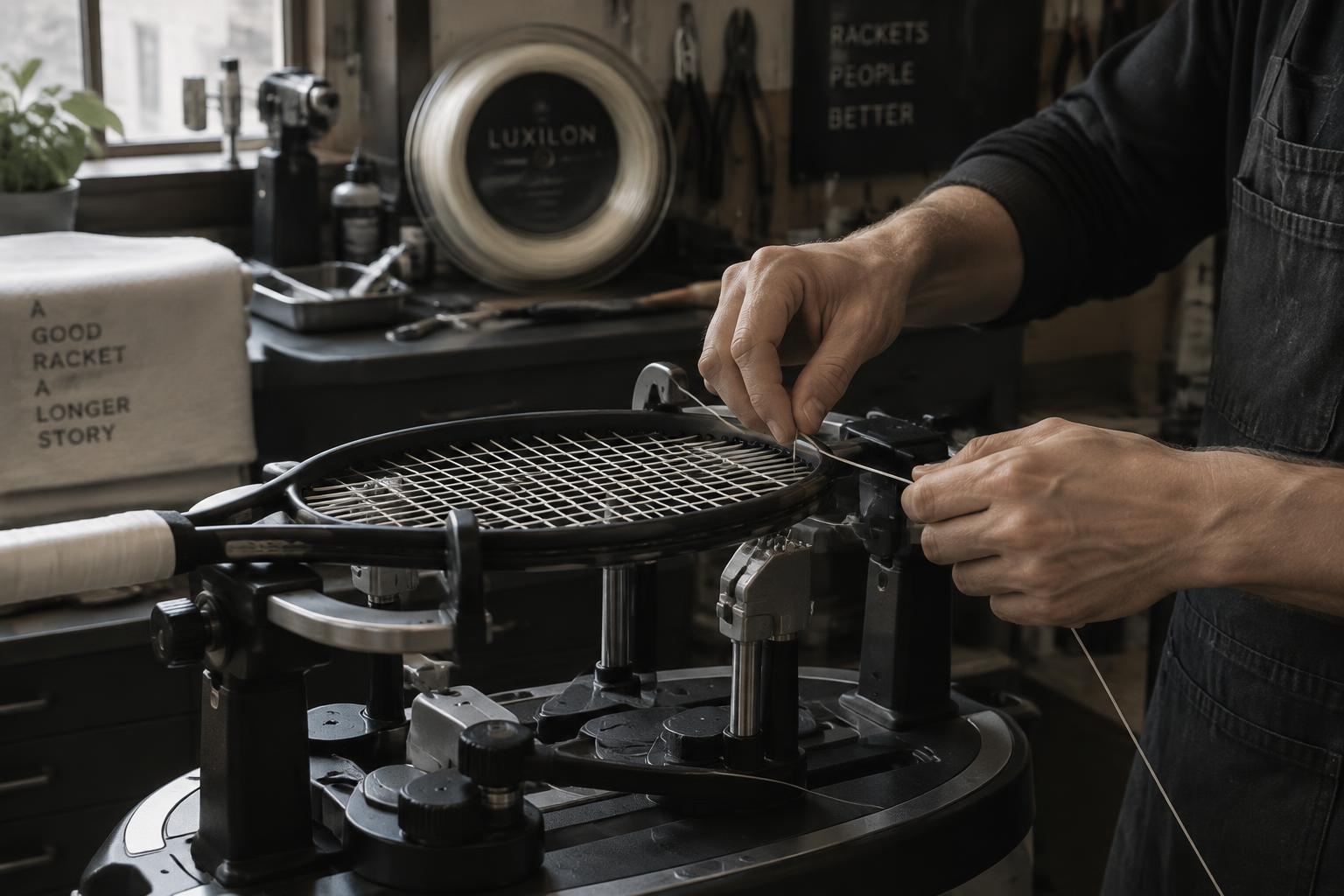 Hände beim Einfädeln der Saite an der Bespannungsmaschine
